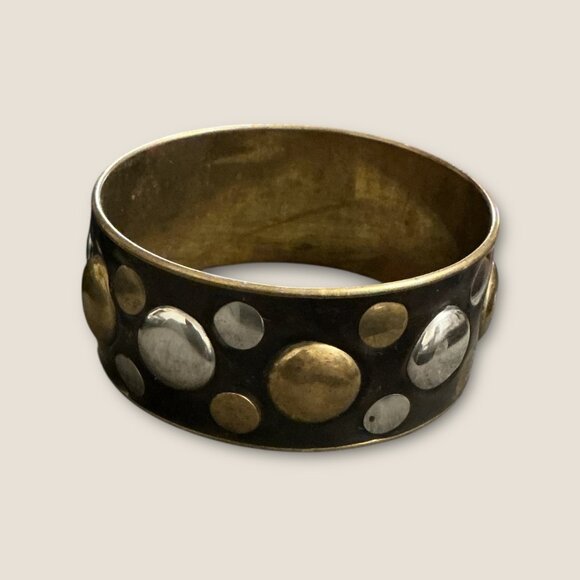 Vintage Two Tone Mixed Metal Polka Dot Wide Cuff Bracelet - Picture 2 of 3